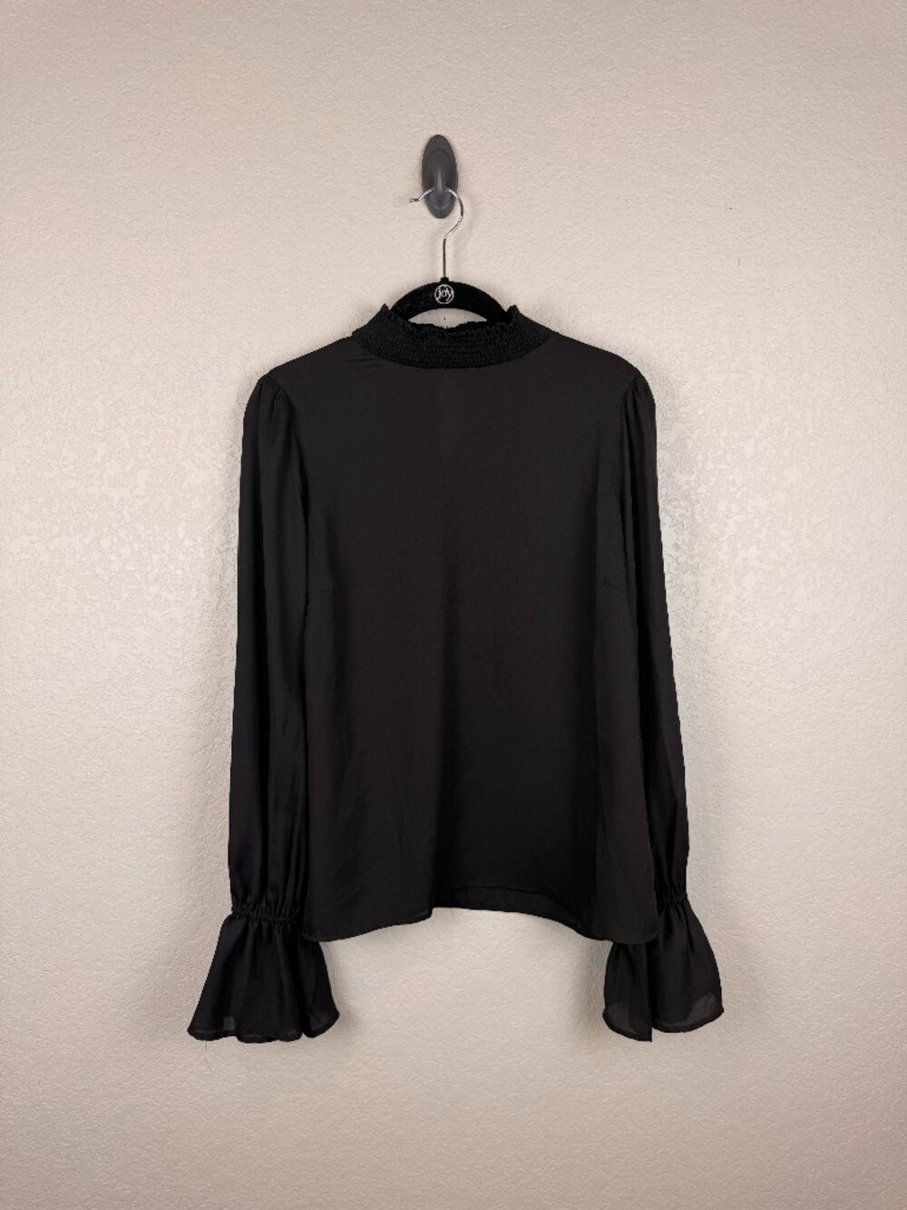 The Impeccable Pig Black Smocked Mock Neck Bell Sleeve Blouse M